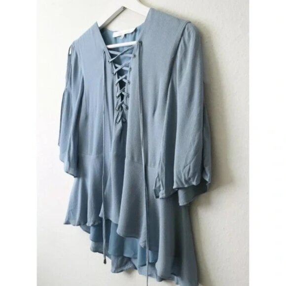 Lovers + Friends Lace Up Boulevard Top/Blouse, Dusty Blue, Size XS - Picture 8 of 10